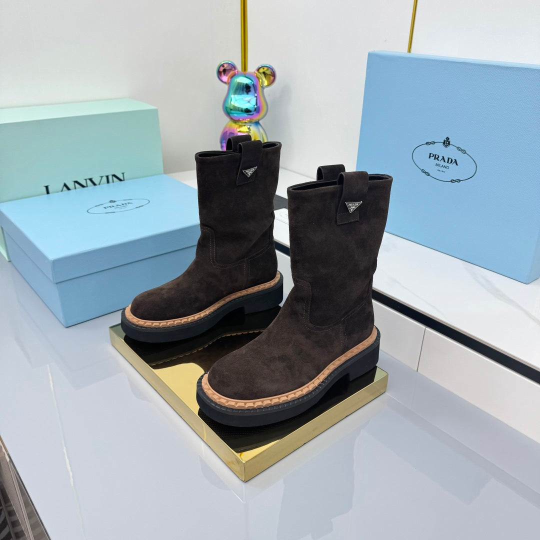 PRADA 25S HIGH MARTIN BOOTS 50MM IN RK BROWN SUEDE