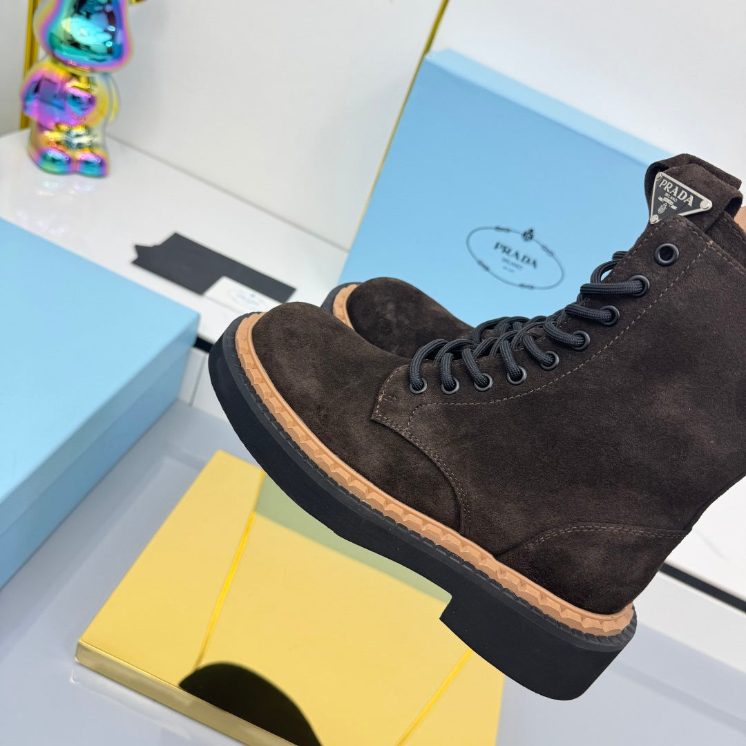 PRADA 25S LONG THICK SOLED MARTIN BOOTS 50MM IN RK BROWN SUEDE