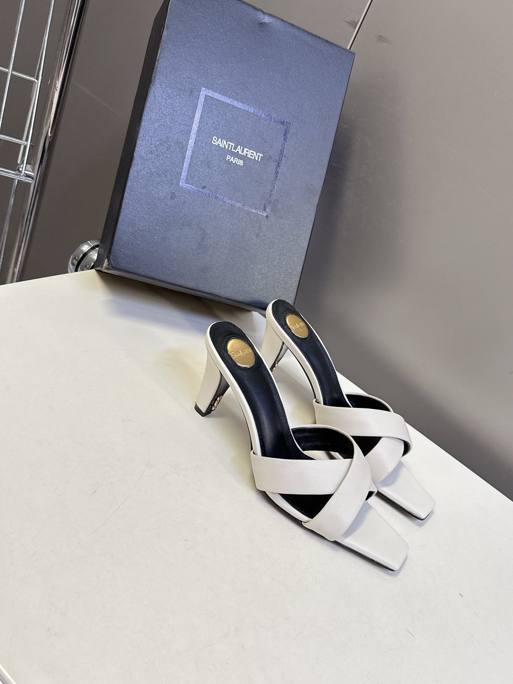 YSL 25S JILL MULES 75MM IN WHITE SMOOTH CALFSKIN