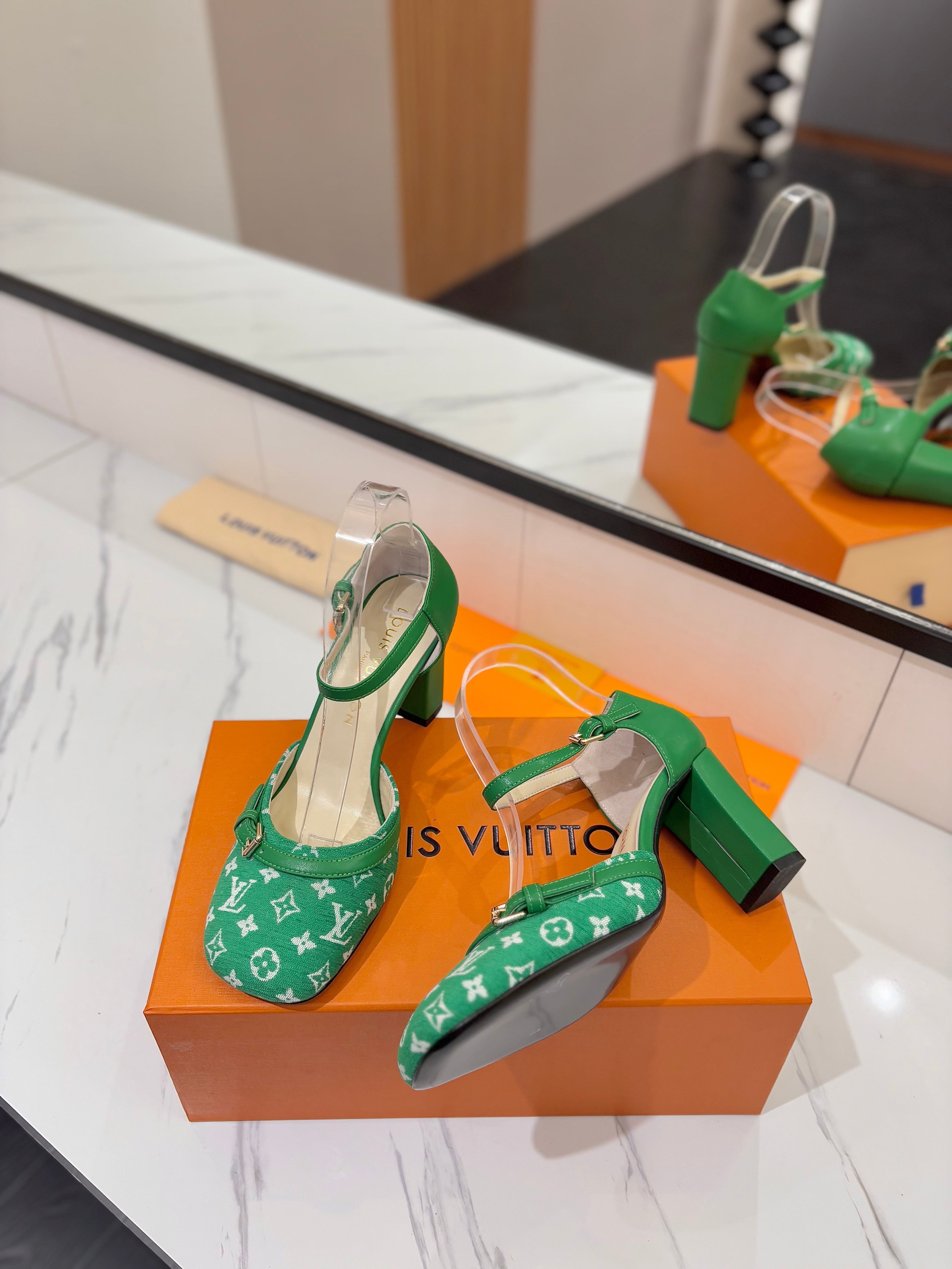 LOUIS VUITTON HIGH SANDALS 8 CM IN EMERALD GREEN MONOGRAM DENIM AND CALFSKIN
