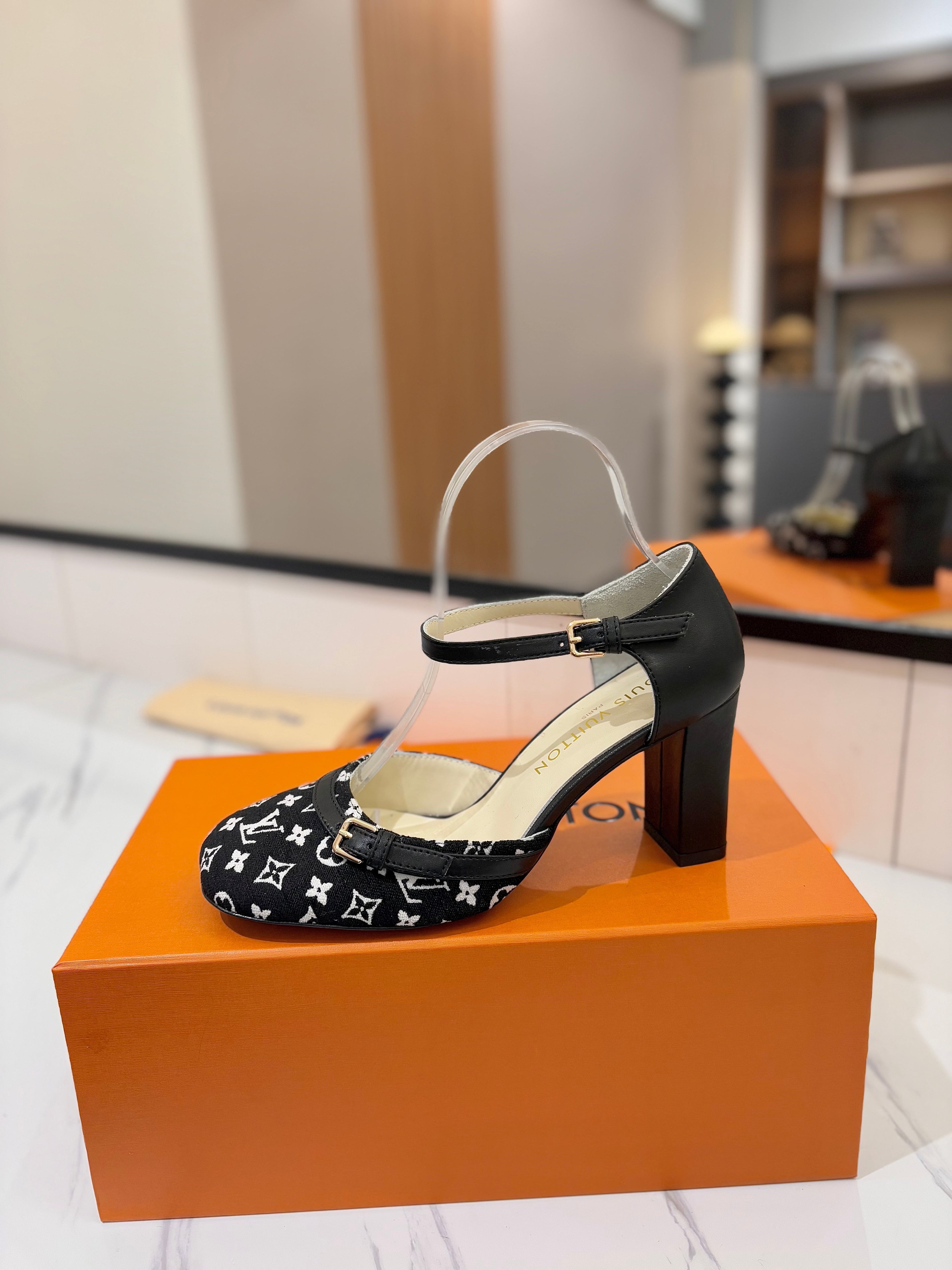 LOUIS VUITTON HIGH SANDALS 8 CM IN BLACK MONOGRAM DENIM AND CALFSKIN