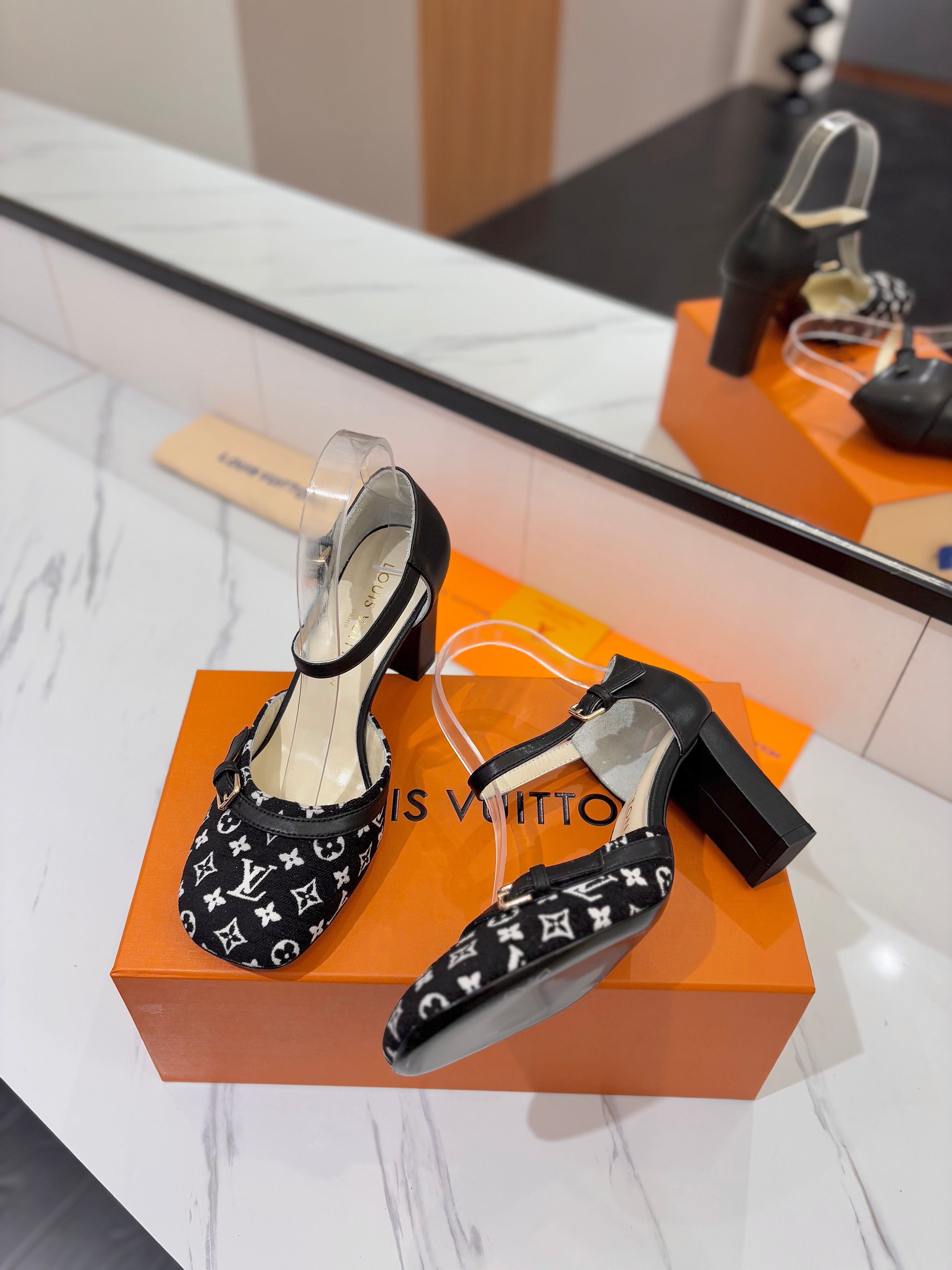LOUIS VUITTON HIGH SANDALS 8 CM IN BLACK MONOGRAM DENIM AND CALFSKIN