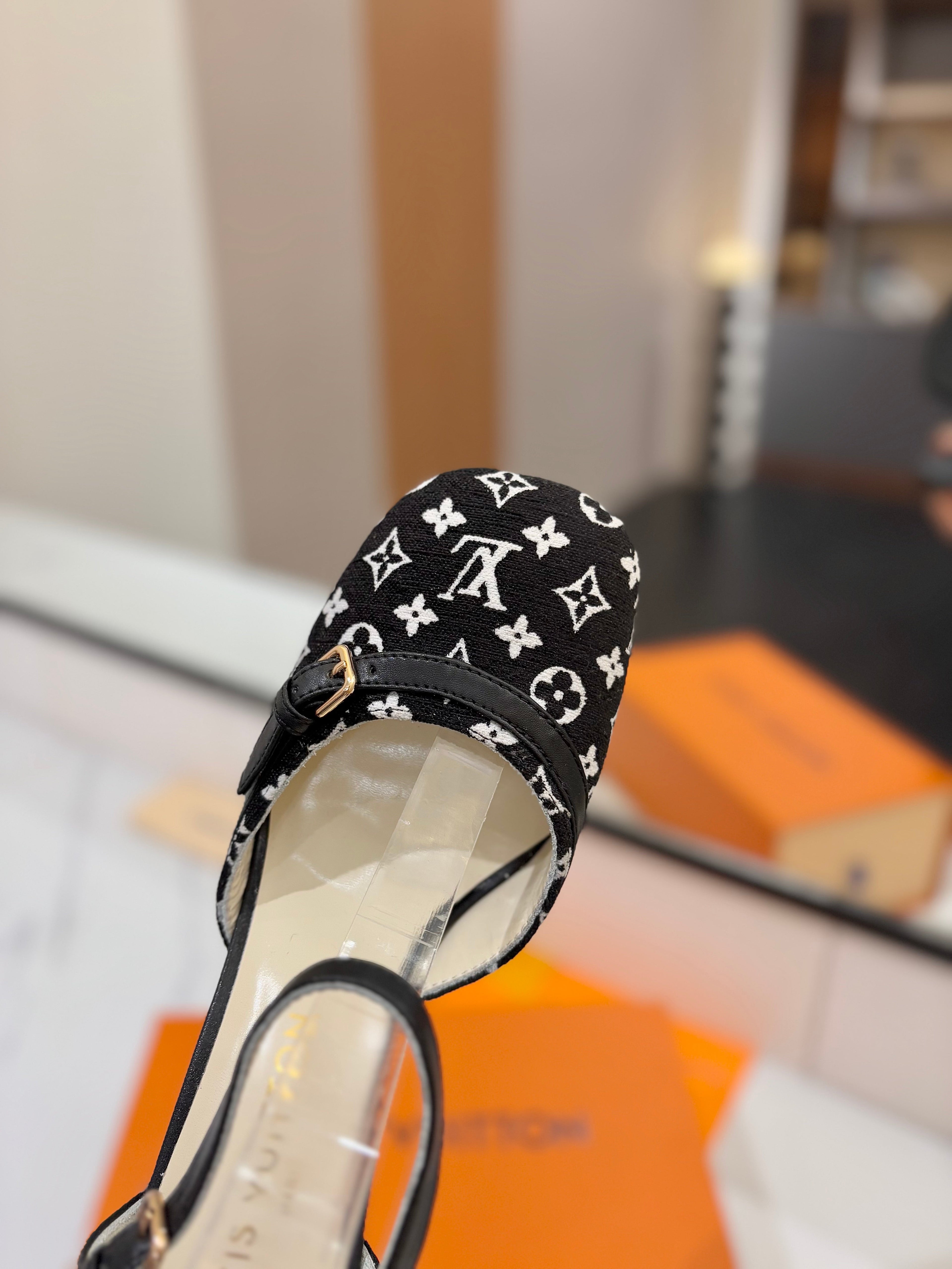 LOUIS VUITTON HIGH SANDALS 8 CM IN BLACK MONOGRAM DENIM AND CALFSKIN