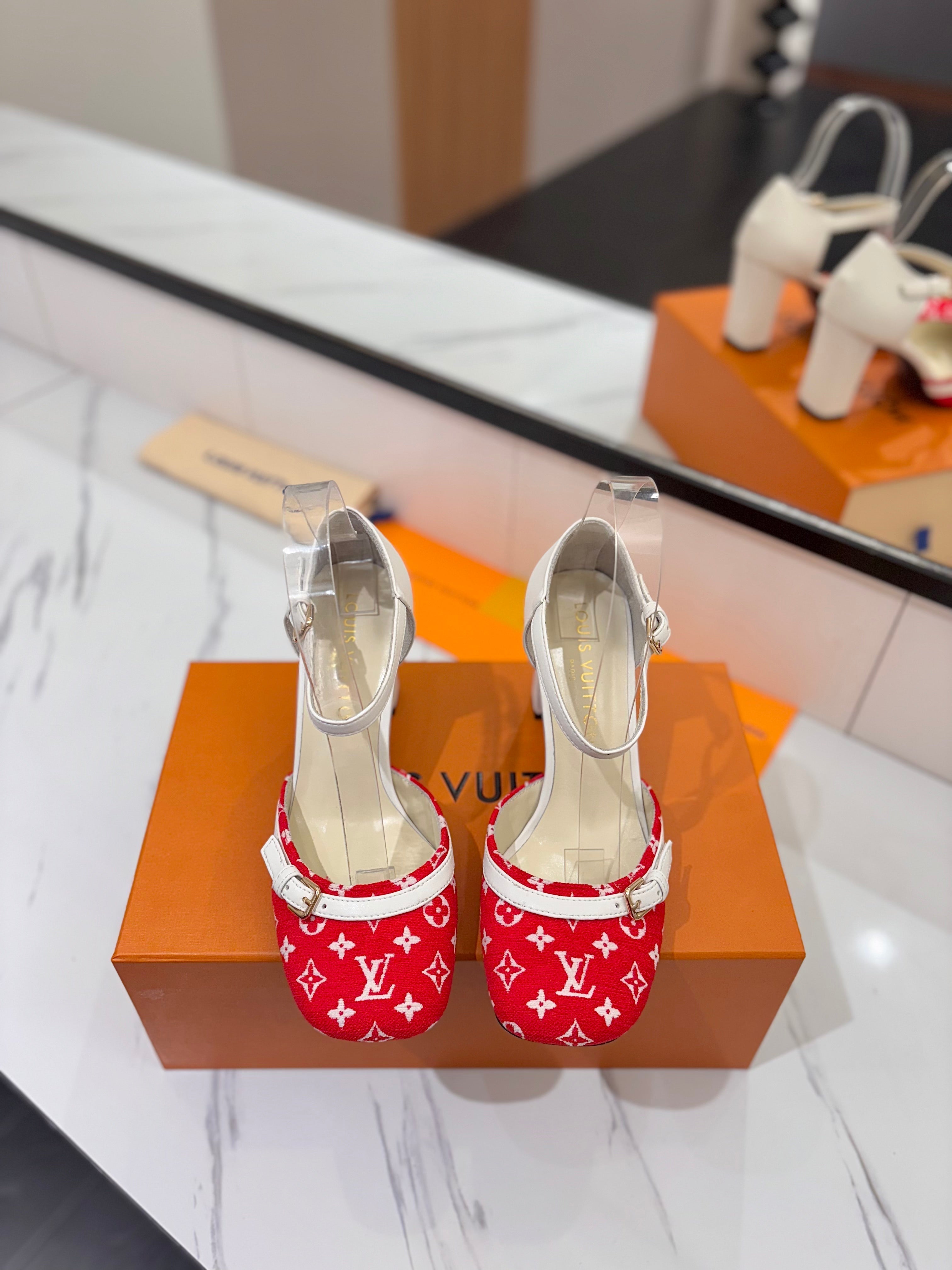 LOUIS VUITTON HIGH SANDALS 8 CM IN CHERRY RED MONOGRAM DENIM AND WHITE CALFSKIN