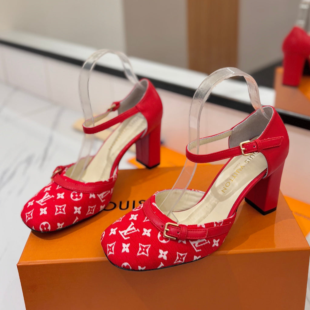 LOUIS VUITTON HIGH SANDALS 8 CM IN CHERRY RED MONOGRAM DENIM