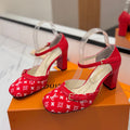 LOUIS VUITTON HIGH SANDALS 8 CM IN CHERRY RED MONOGRAM DENIM