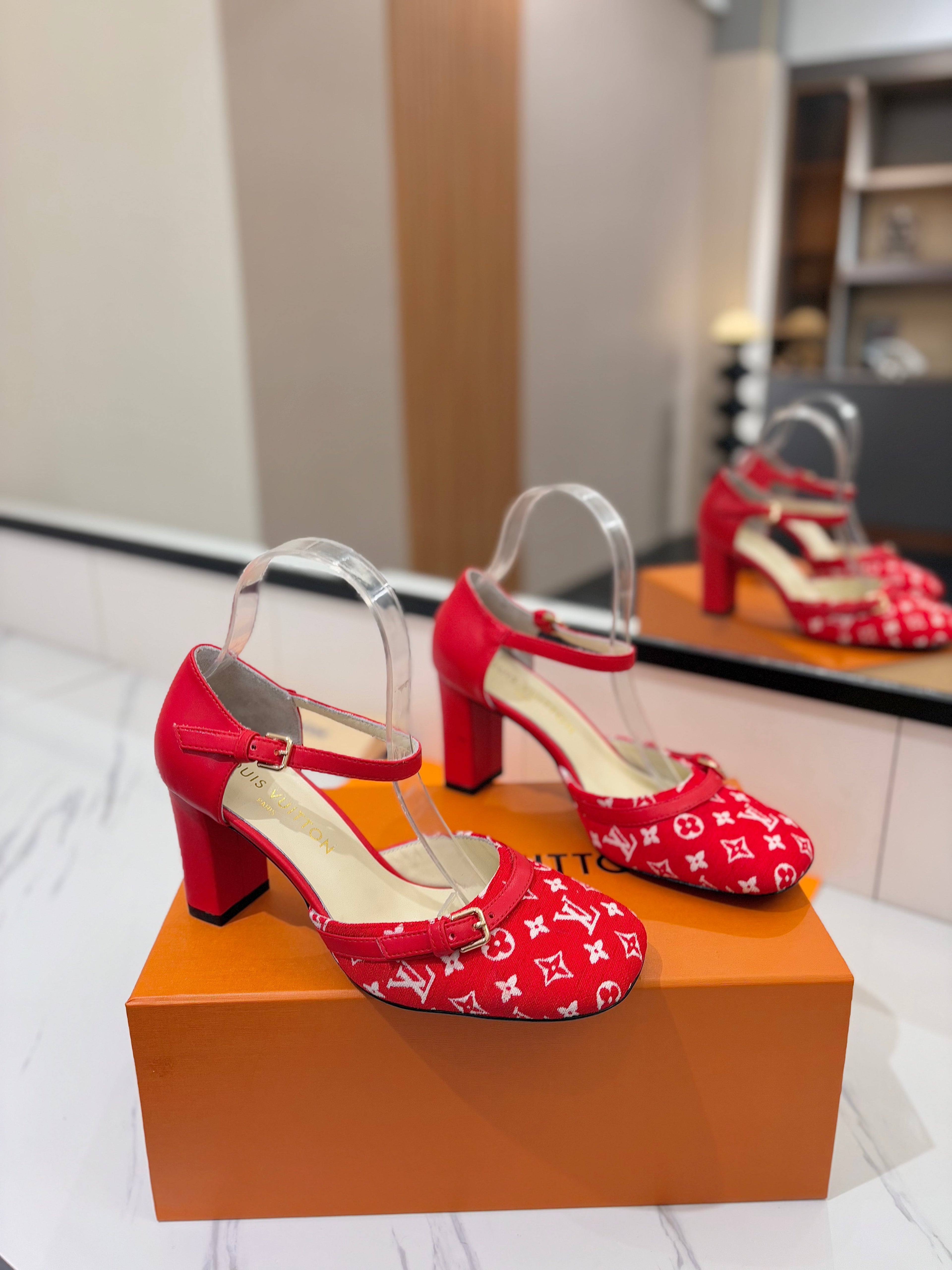 LOUIS VUITTON HIGH SANDALS 8 CM IN CHERRY RED MONOGRAM DENIM