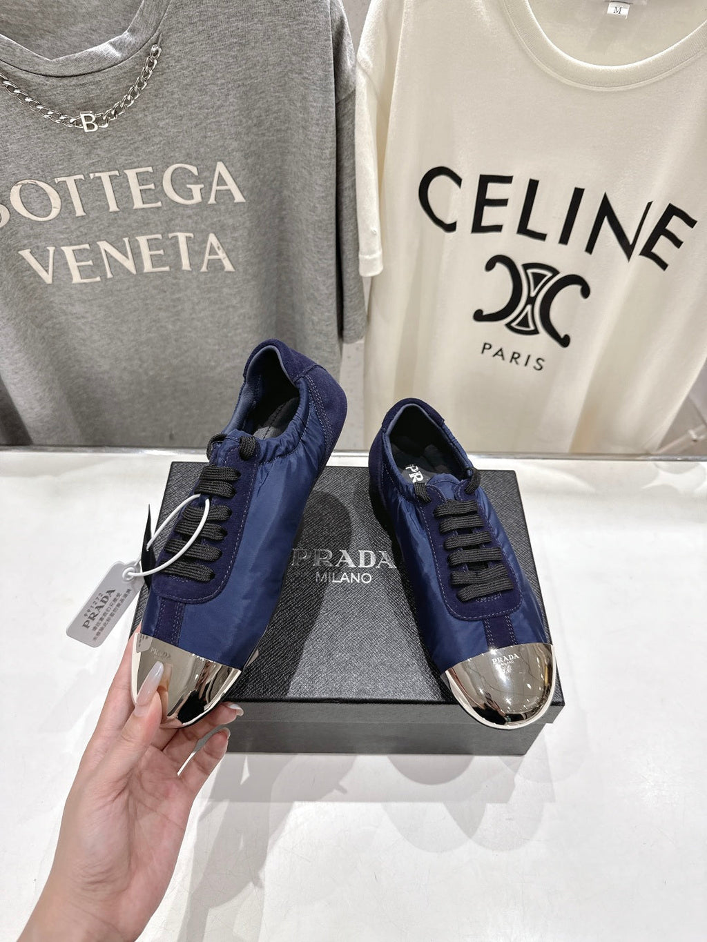 PRADA 25S COLLAPSE RE NYLON AND SUEDE SNEAKERS IN RK BLUE WITH METAL TOECAP