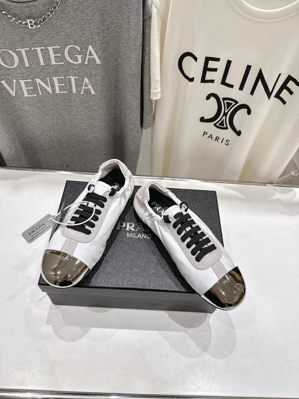 PRADA 25S COLLAPSE RE NYLON AND SUEDE SNEAKERS IN WHITE WITH METAL TOECAP