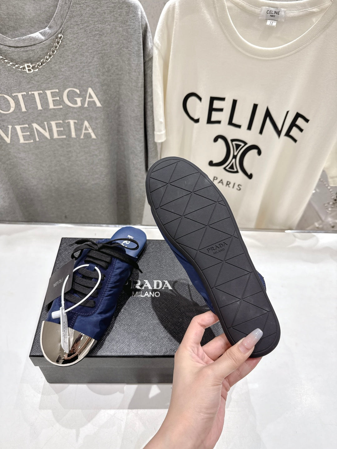 PRADA 25S MULES IN RK BLUE WITH METAL TOECAP