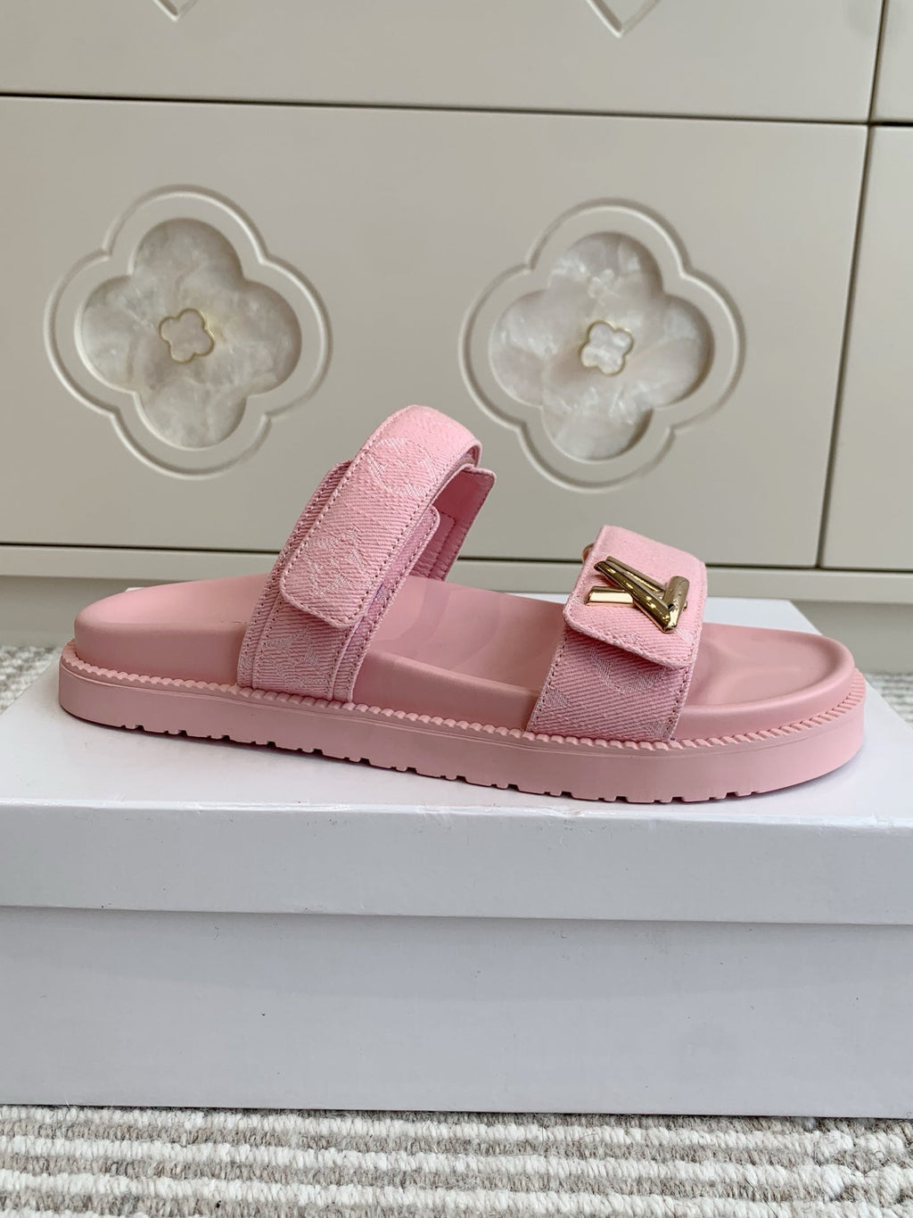 LOUIS VUITTON LV TWO-STRAP SANDALS 25S IN LIGHT PINK DENIM AND CALFSKIN WITH GOLD HARDWARE