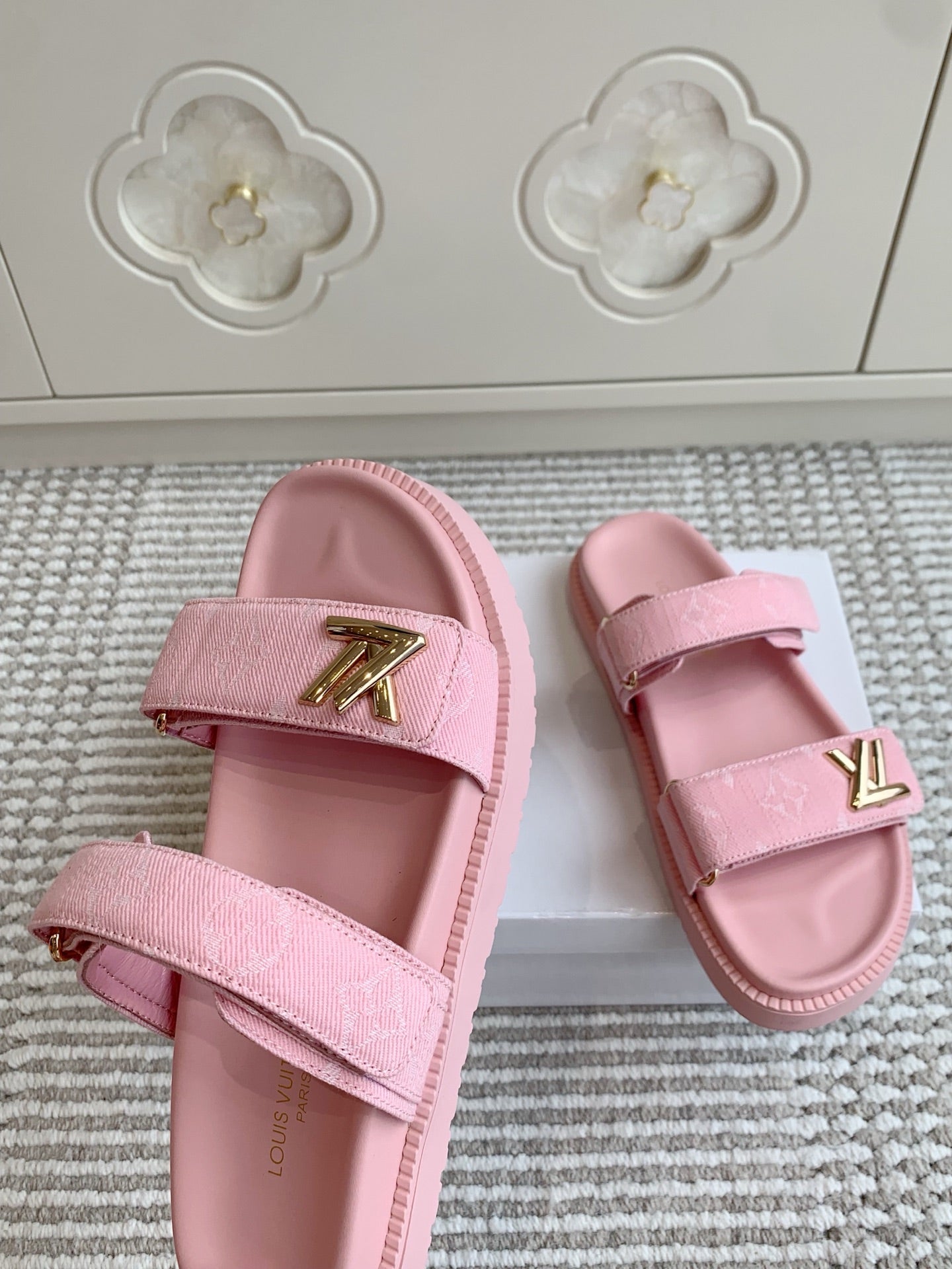 LOUIS VUITTON LV TWO-STRAP SANDALS 25S IN LIGHT PINK DENIM AND CALFSKIN WITH GOLD HARDWARE