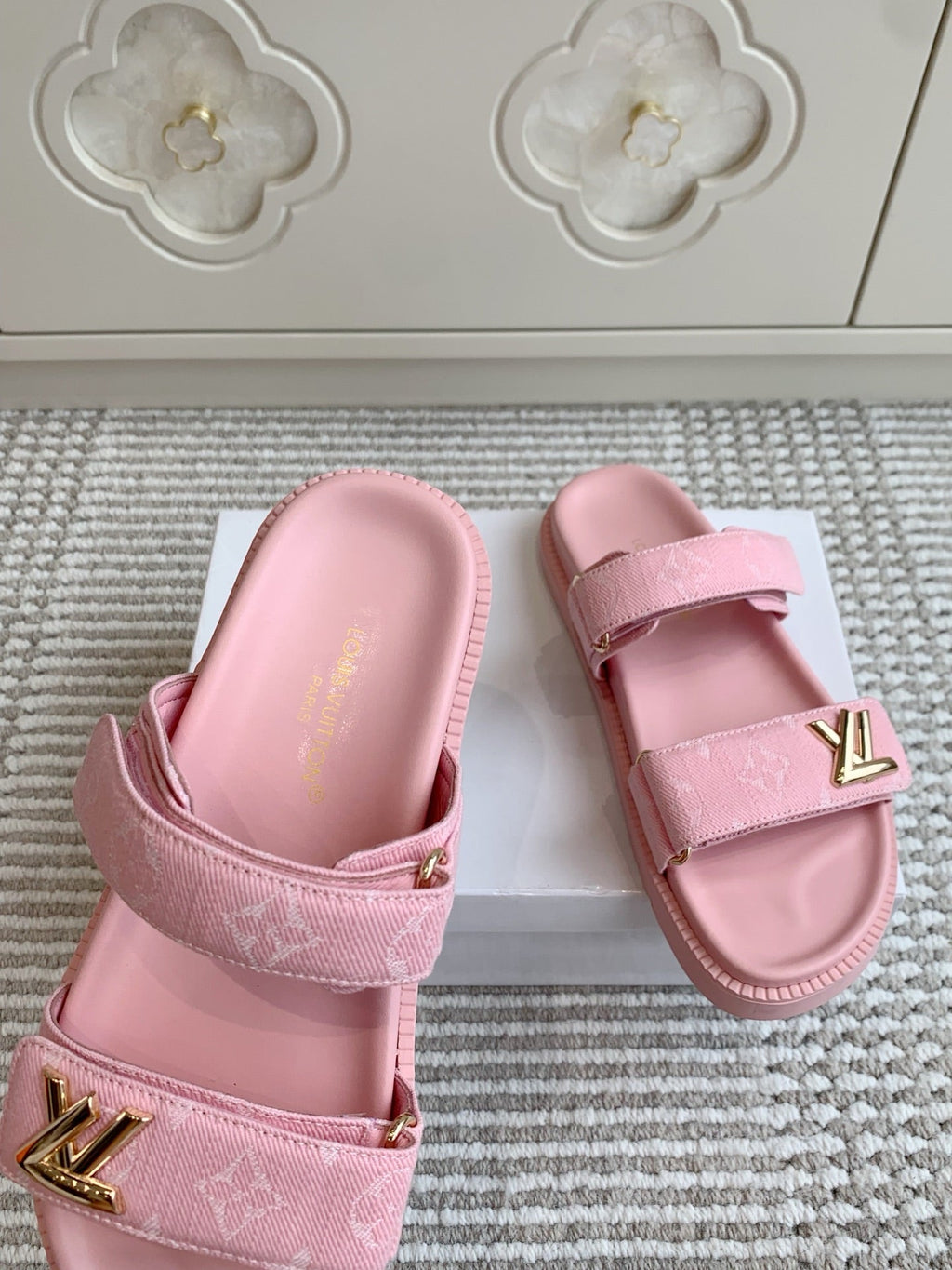 LOUIS VUITTON LV TWO-STRAP SANDALS 25S IN LIGHT PINK DENIM AND CALFSKIN WITH GOLD HARDWARE