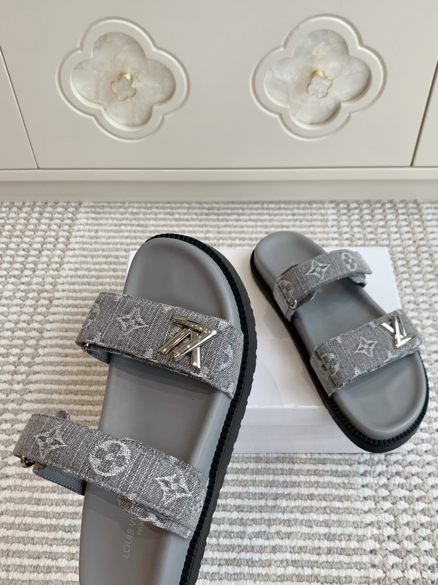 LOUIS VUITTON LV TWO-STRAP SANDALS 25S IN GREY DENIM AND CALFSKIN WITH SILVER HARDWARE