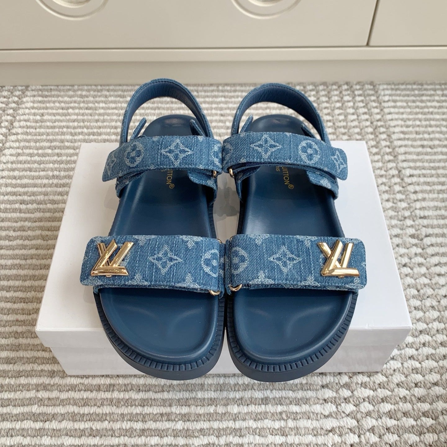 LOUIS VUITTON LV SANDALS 25S IN BLUE DENIM AND CALFSKIN WITH GOLD HARDWARE
