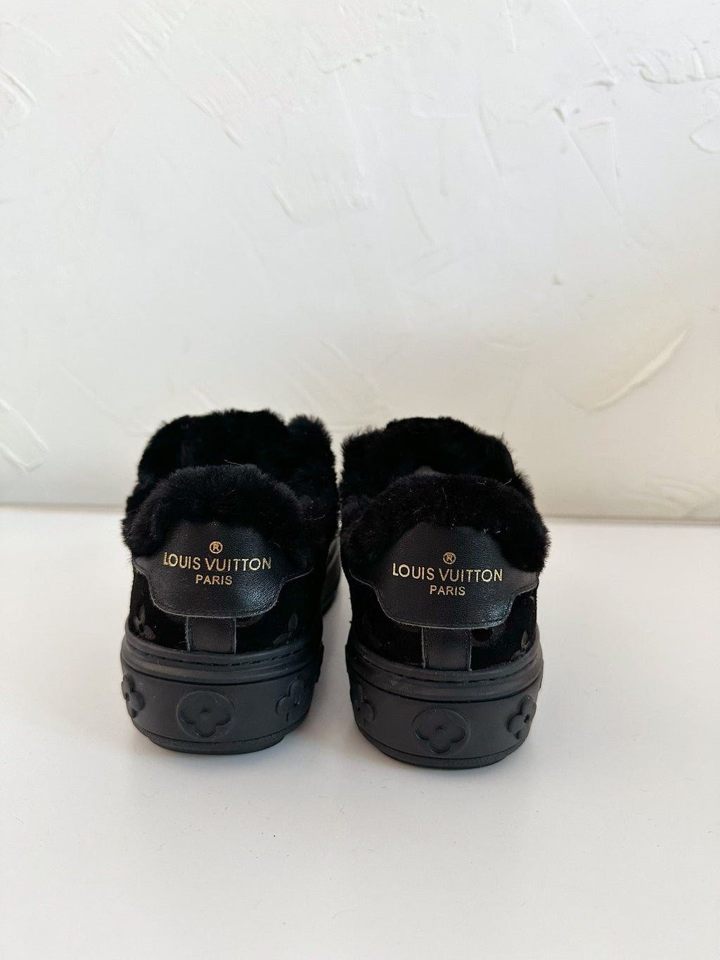 LOUIS VUITTON TIME OUT SNEAKER IN BLACK MONOGRAM EMBOSSED SUEDE WITH FLEECE LINING