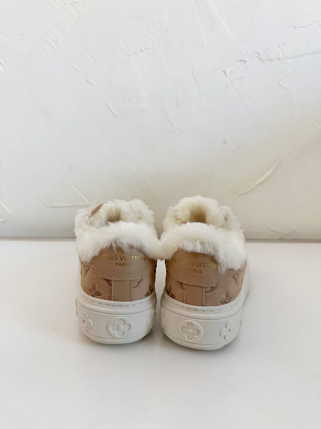 LOUIS VUITTON TIME OUT SNEAKER IN DESERT BROWN MONOGRAM EMBOSSED SUEDE WITH FLEECE LINING