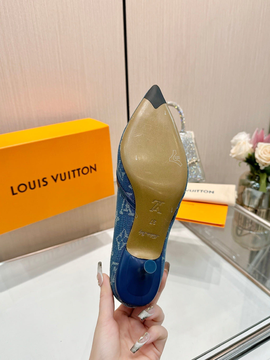 LOUIS VUITTON 6AM HIGH HEELS 55 MM IN CLASSIC BLUE MONOGRAM DENIM