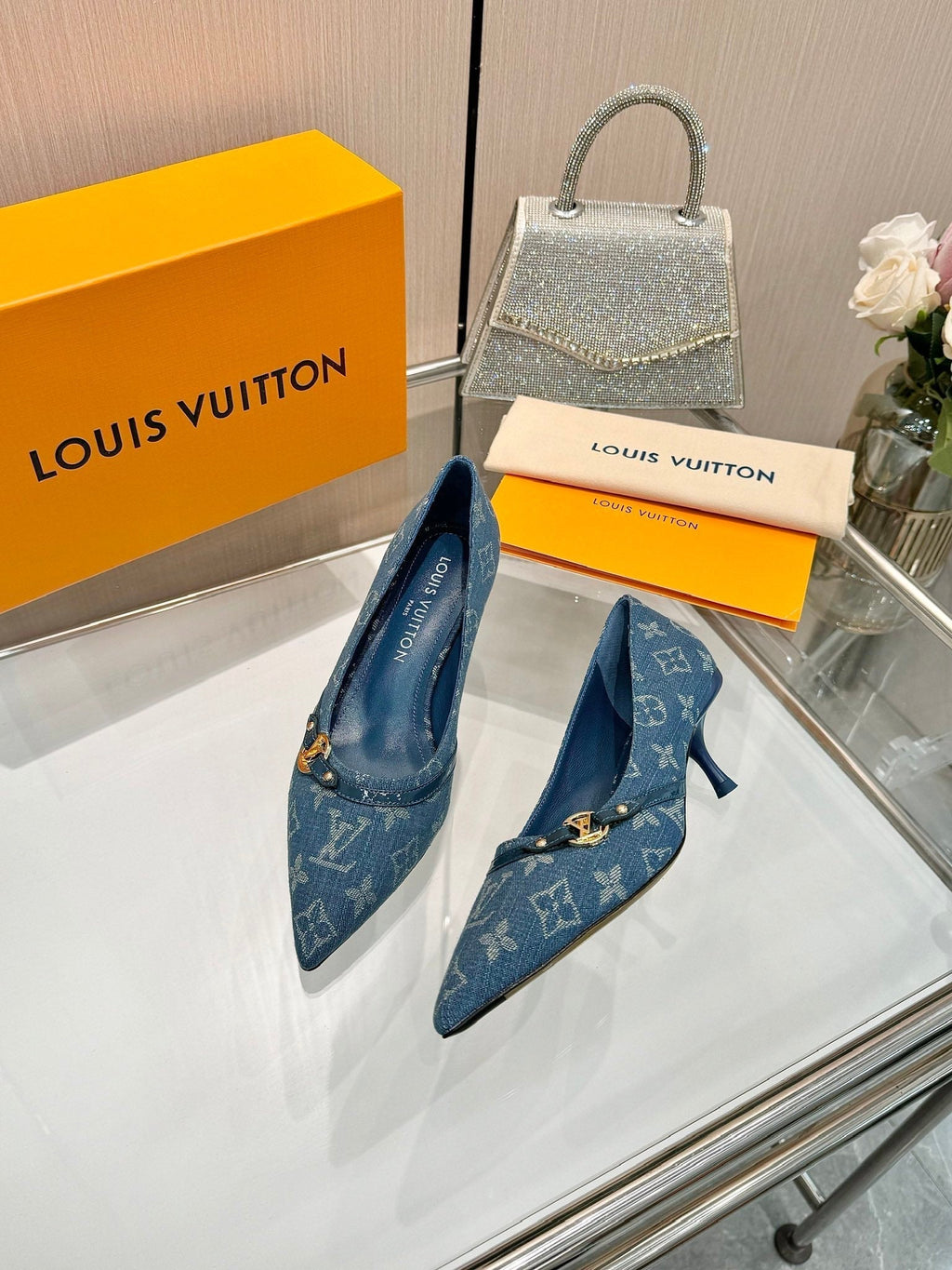 LOUIS VUITTON 6AM HIGH HEELS 55 MM IN CLASSIC BLUE MONOGRAM DENIM