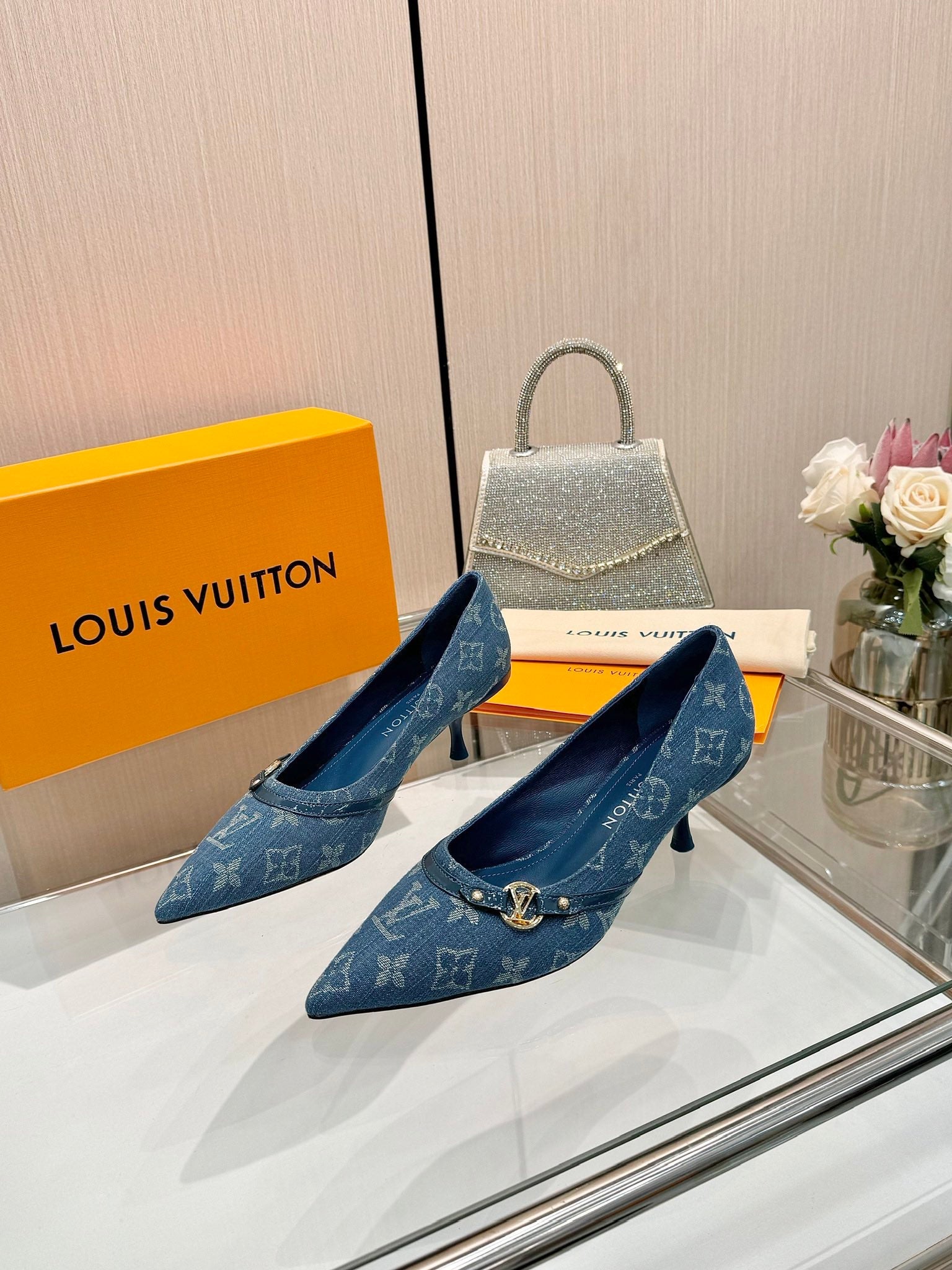 LOUIS VUITTON 6AM HIGH HEELS 55 MM IN CLASSIC BLUE MONOGRAM DENIM