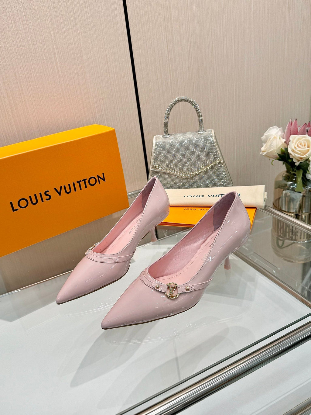 LOUIS VUITTON 6AM HIGH HEELS 55 MM IN LIGHT PINK PATENT LAMBSKIN
