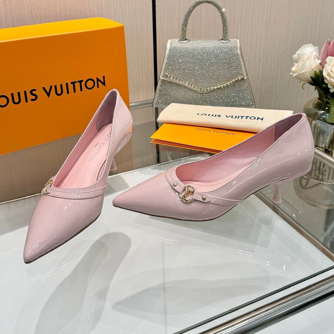 LOUIS VUITTON 6AM HIGH HEELS 55 MM IN LIGHT PINK PATENT LAMBSKIN