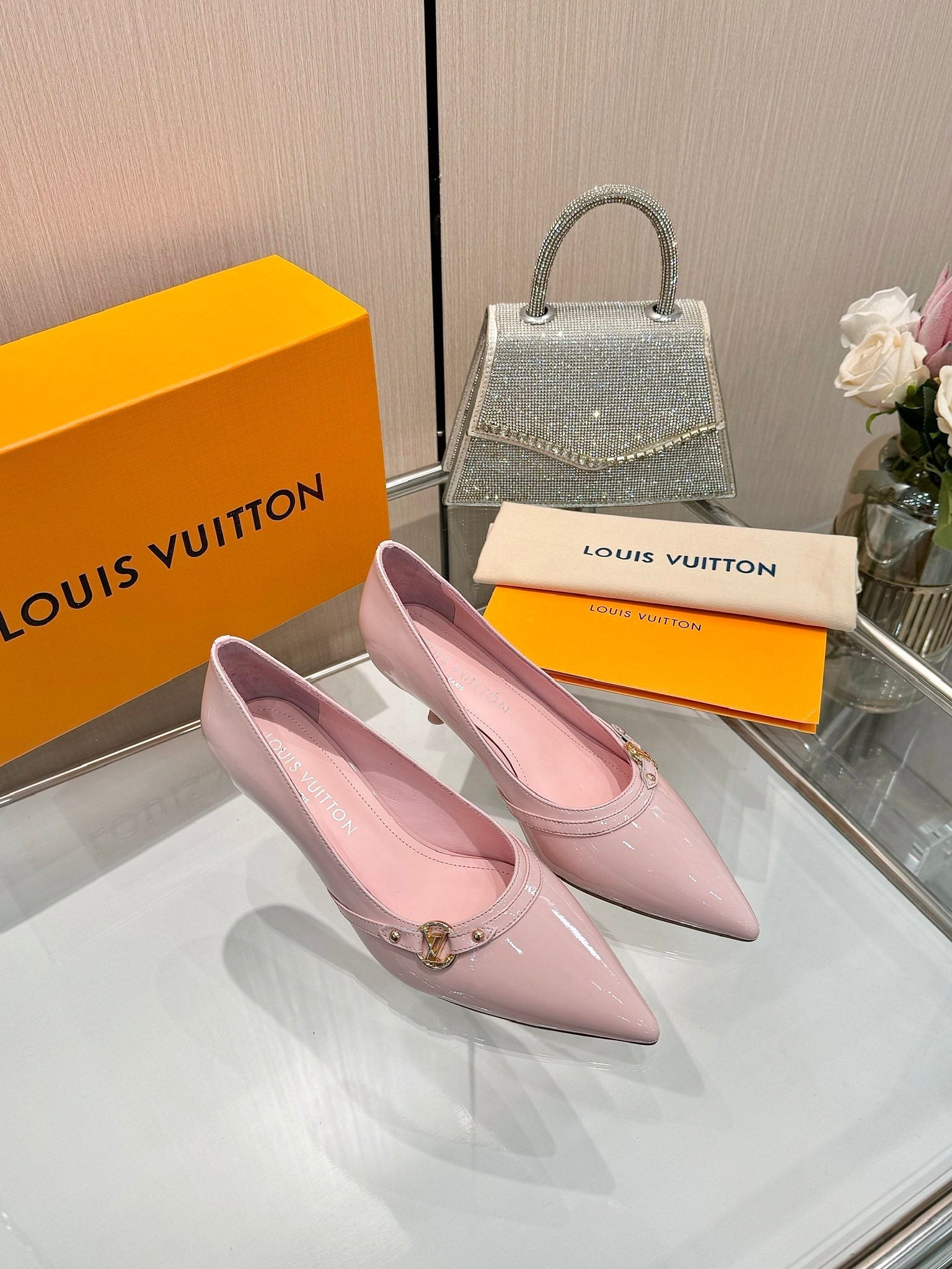 LOUIS VUITTON 6AM HIGH HEELS 55 MM IN LIGHT PINK PATENT LAMBSKIN