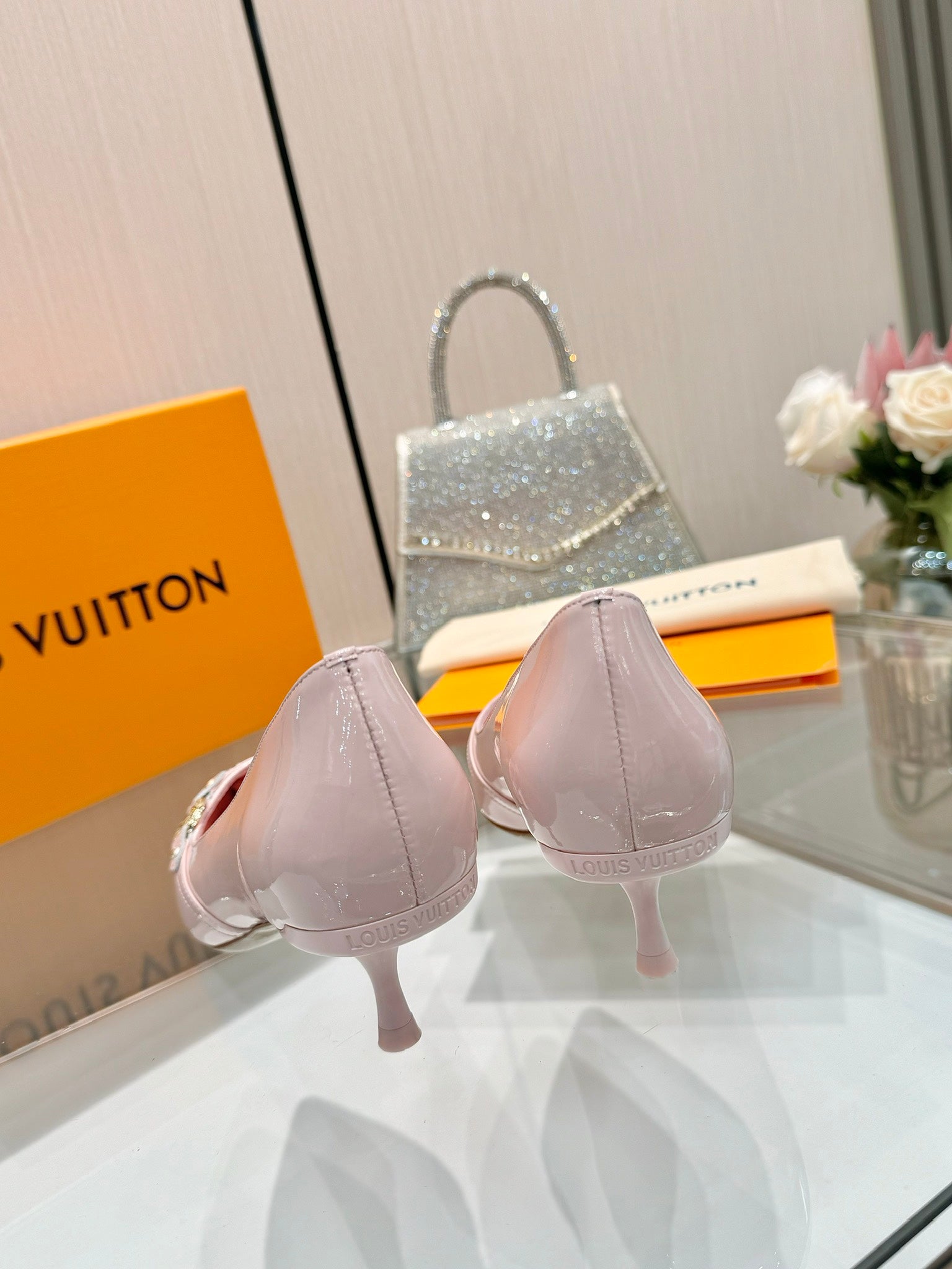 LOUIS VUITTON 6AM HIGH HEELS 55 MM IN LIGHT PINK PATENT LAMBSKIN