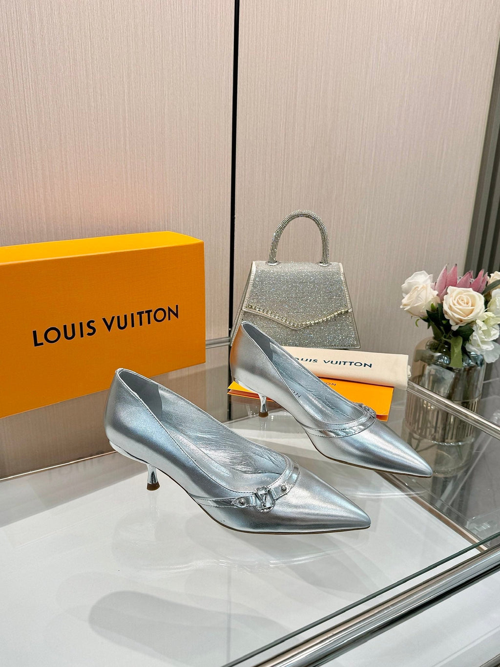 LOUIS VUITTON 6AM HIGH HEELS 55 MM IN SILVER LAMBSKIN