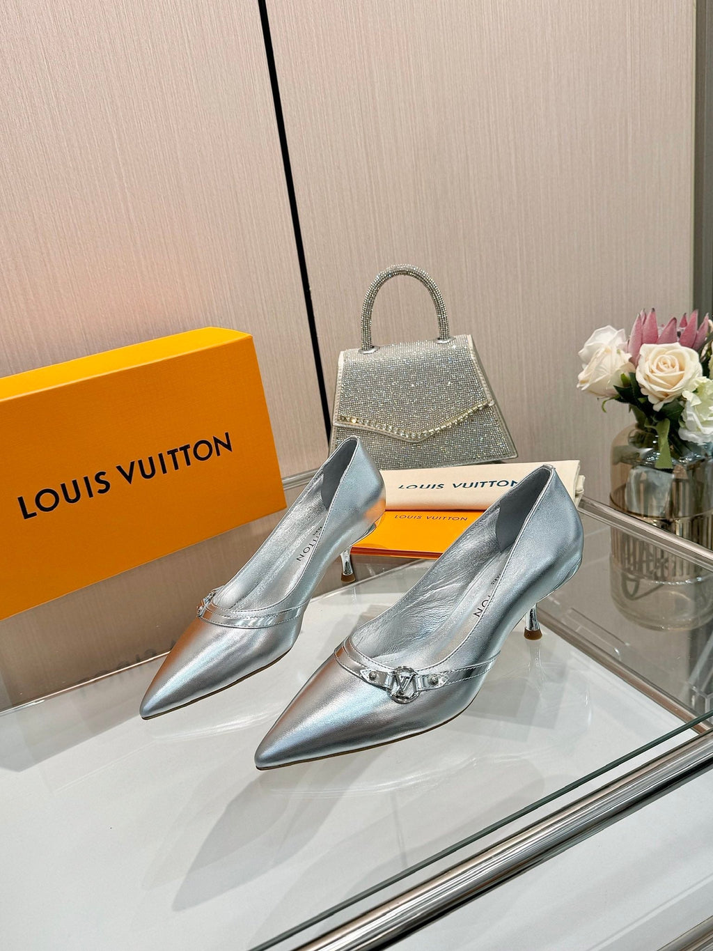 LOUIS VUITTON 6AM HIGH HEELS 55 MM IN SILVER LAMBSKIN