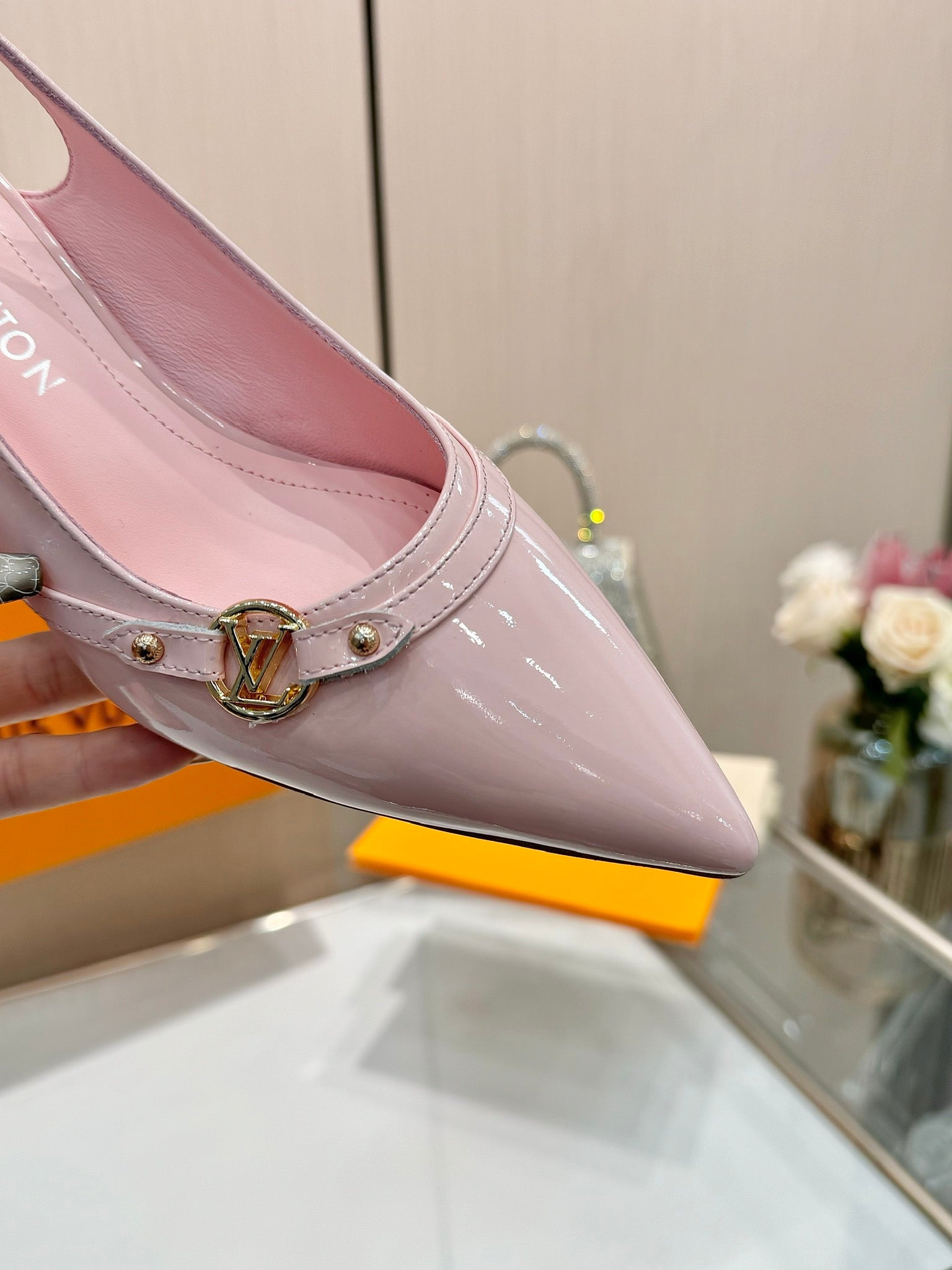 LOUIS VUITTON 6AM SLINGBACK HIGH HEELS 55 MM IN LIGHT PINK PATENT LAMBSKIN