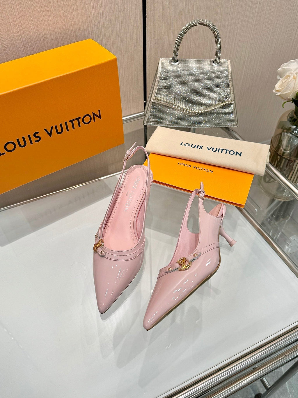 LOUIS VUITTON 6AM SLINGBACK HIGH HEELS 55 MM IN LIGHT PINK PATENT LAMBSKIN