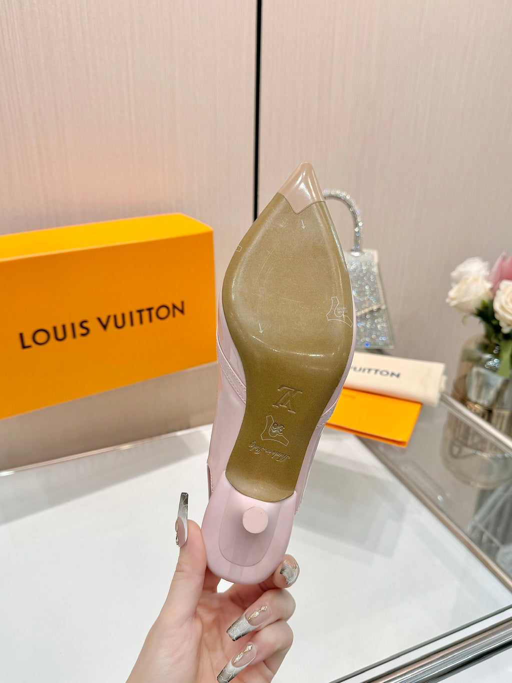 LOUIS VUITTON 6AM SLINGBACK HIGH HEELS 55 MM IN LIGHT PINK PATENT LAMBSKIN