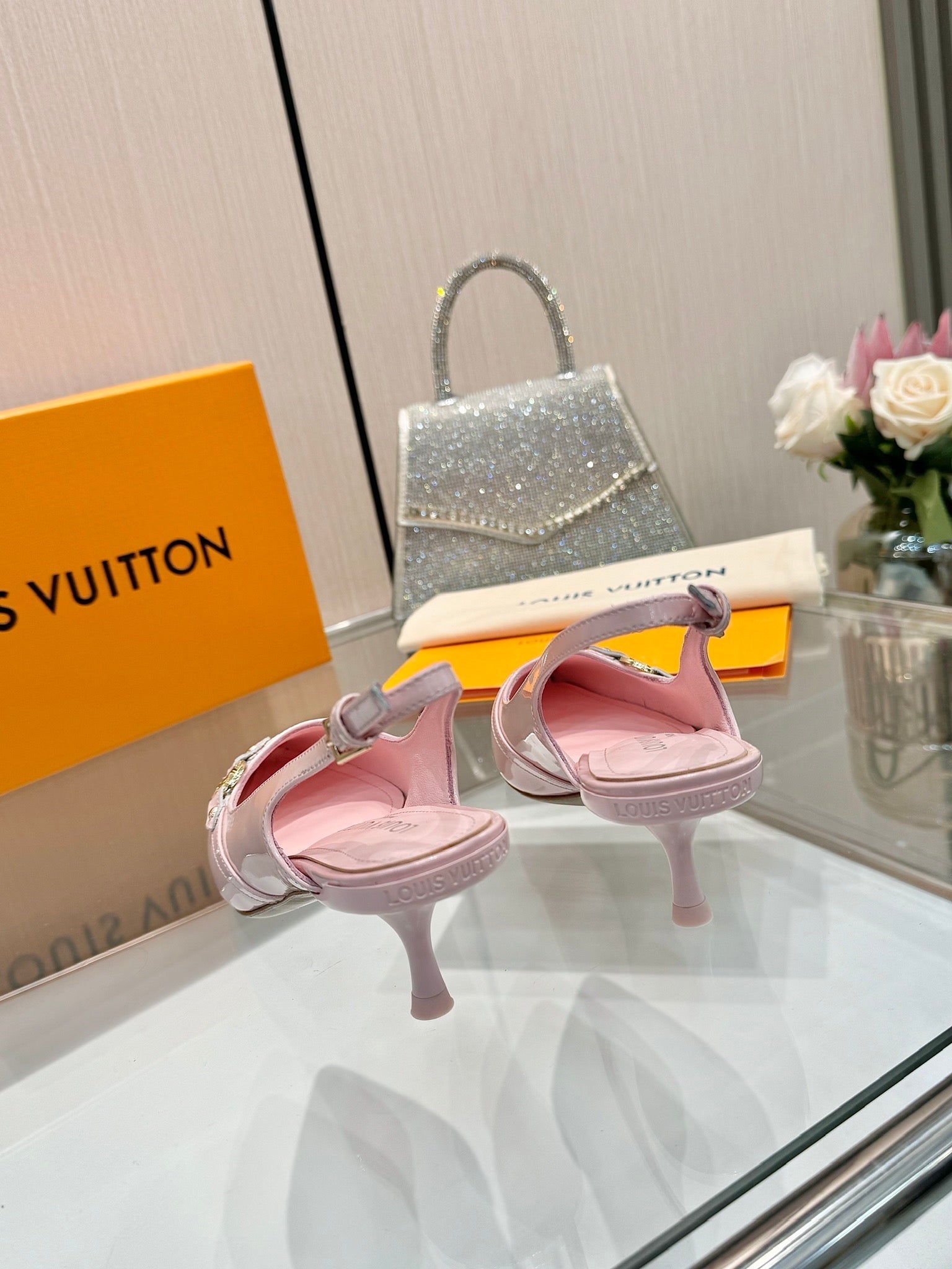 LOUIS VUITTON 6AM SLINGBACK HIGH HEELS 55 MM IN LIGHT PINK PATENT LAMBSKIN