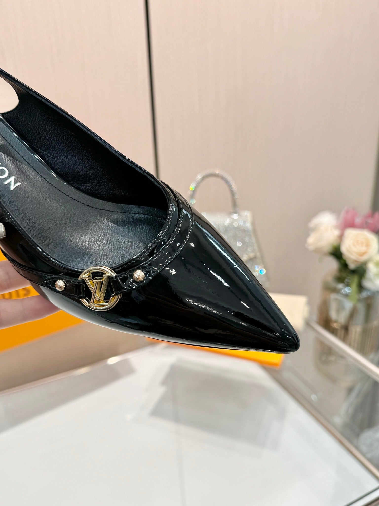 LOUIS VUITTON 6AM SLINGBACK HIGH HEELS 55 MM IN BLACK PATENT LAMBSKIN