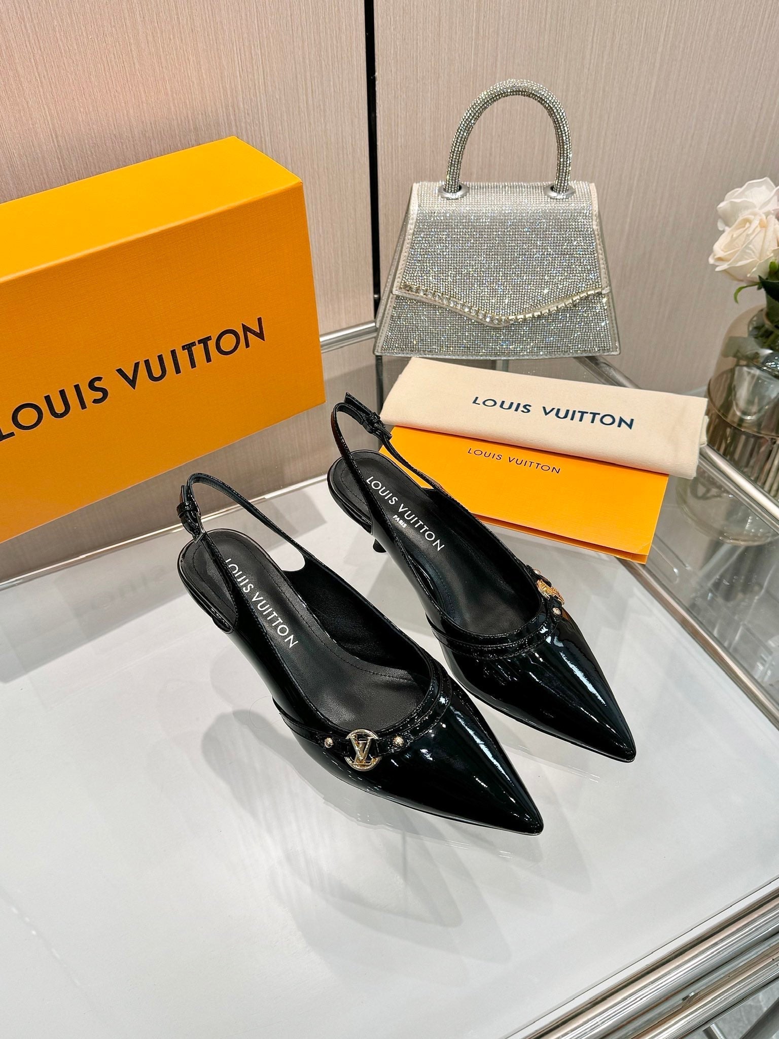 LOUIS VUITTON 6AM SLINGBACK HIGH HEELS 55 MM IN BLACK PATENT LAMBSKIN