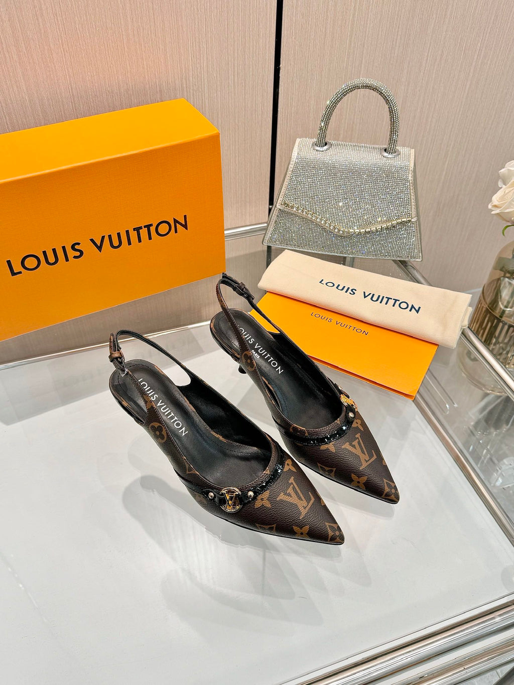 LOUIS VUITTON 6AM SLINGBACK HIGH HEELS 55 MM IN CHOCOLATE BROWN MONOGRAM LAMBSKIN