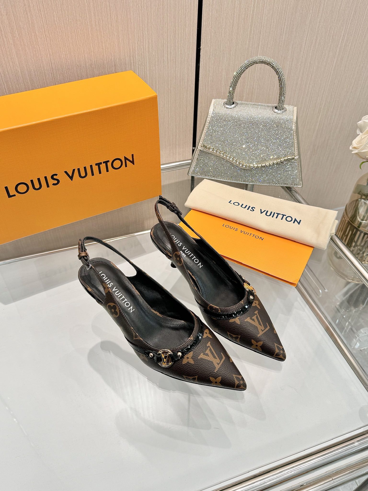 LOUIS VUITTON 6AM SLINGBACK HIGH HEELS 55 MM IN CHOCOLATE BROWN MONOGRAM LAMBSKIN