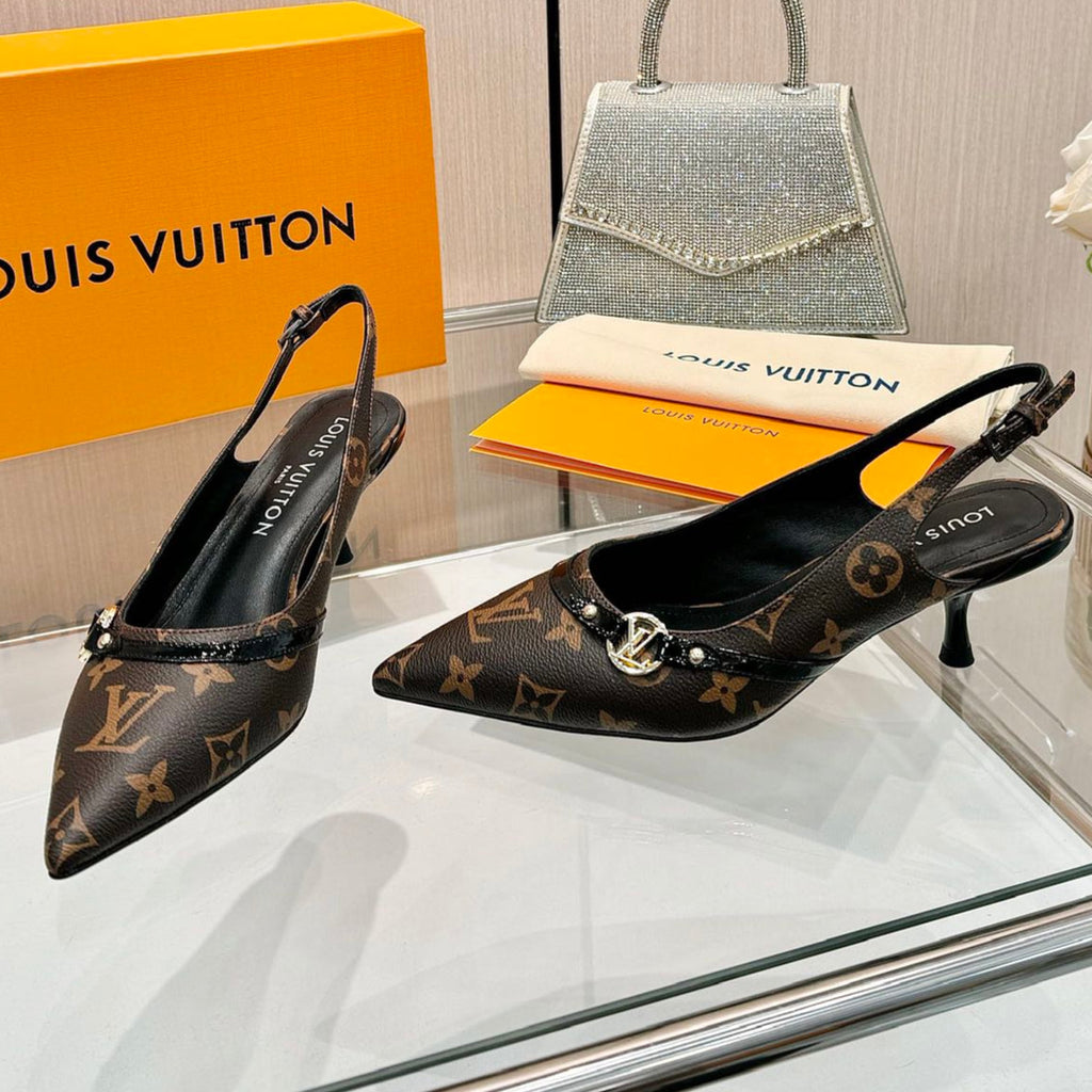 LOUIS VUITTON 6AM SLINGBACK HIGH HEELS 55 MM IN CHOCOLATE BROWN MONOGRAM LAMBSKIN