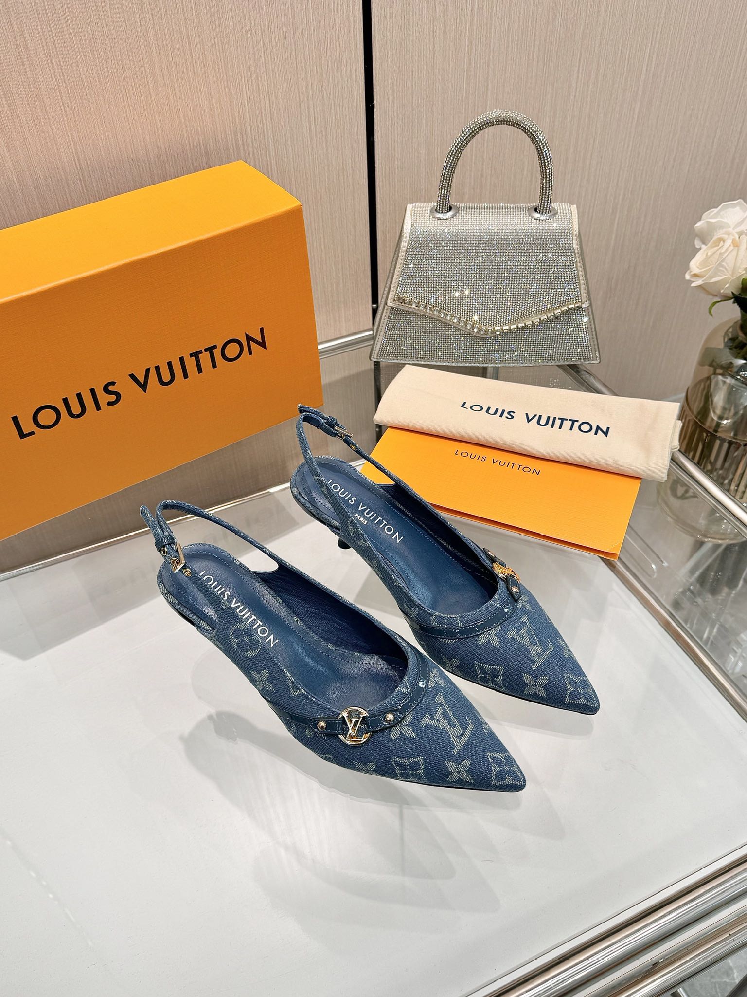LOUIS VUITTON 6AM SLINGBACK HIGH HEELS 55 MM IN CLASSIC BLUE MONOGRAM DENIM