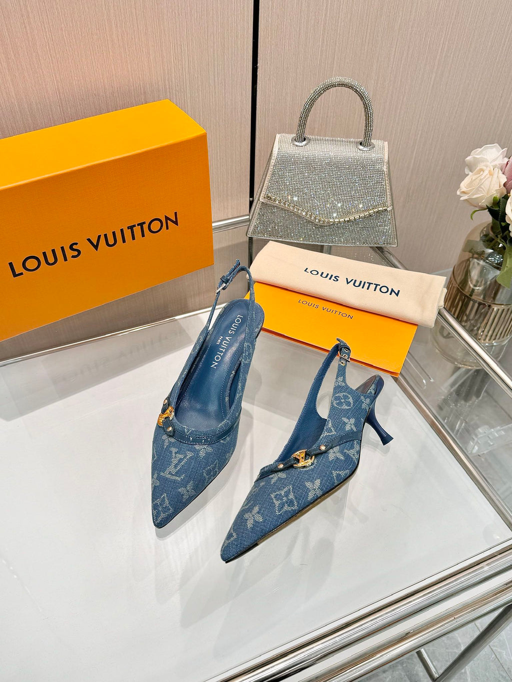 LOUIS VUITTON 6AM SLINGBACK HIGH HEELS 55 MM IN CLASSIC BLUE MONOGRAM DENIM