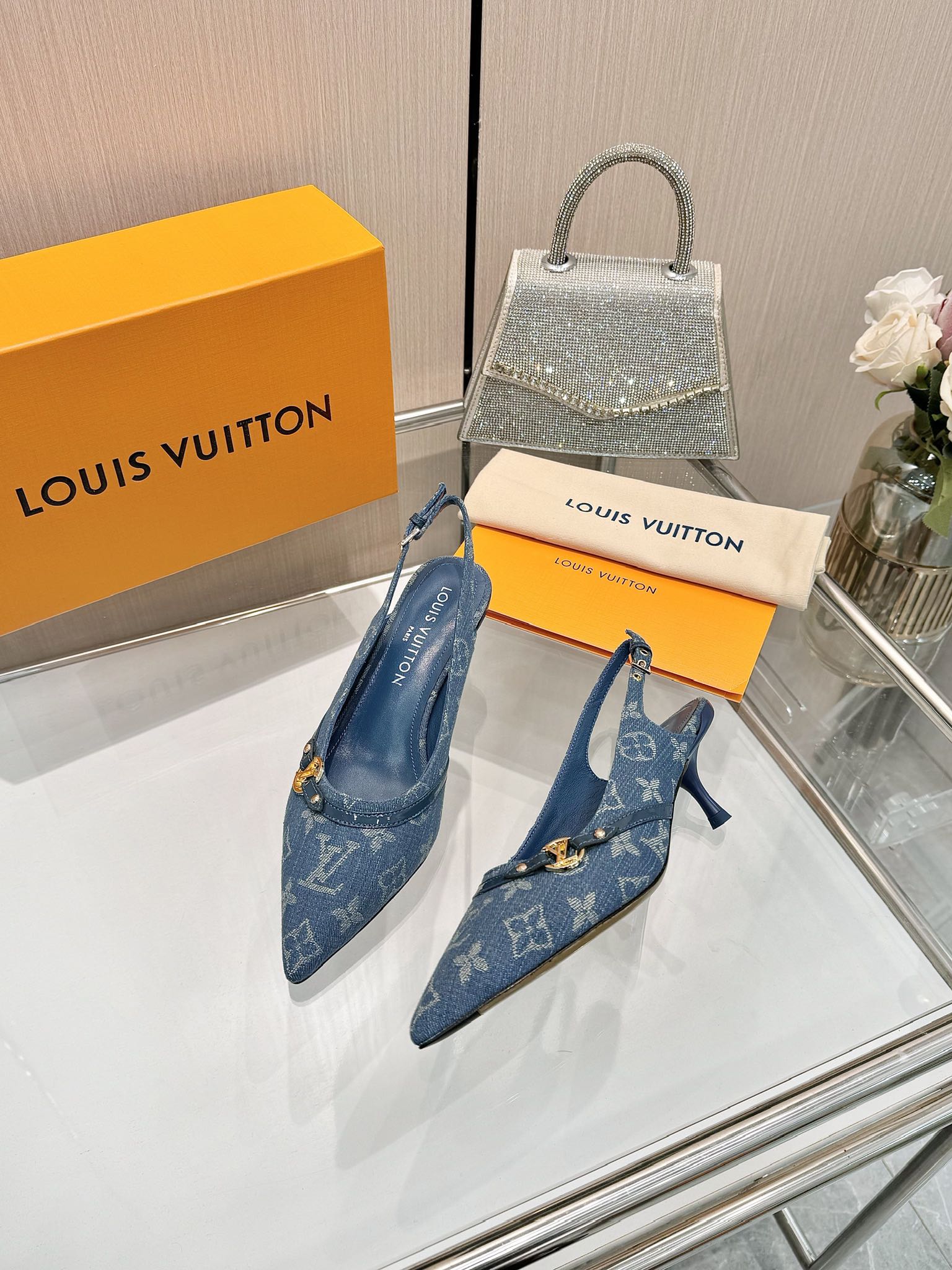 LOUIS VUITTON 6AM SLINGBACK HIGH HEELS 55 MM IN CLASSIC BLUE MONOGRAM DENIM