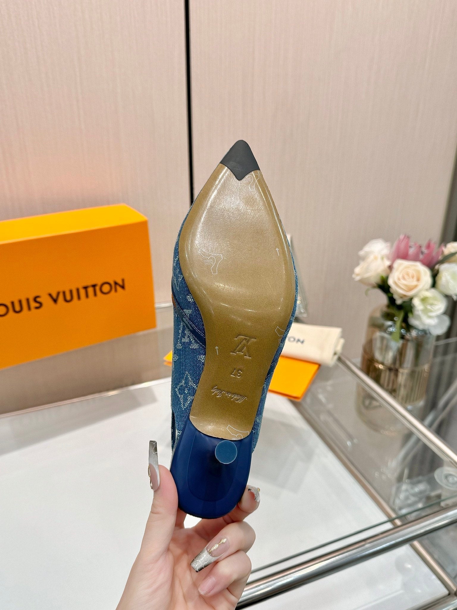 LOUIS VUITTON 6AM SLINGBACK HIGH HEELS 55 MM IN CLASSIC BLUE MONOGRAM DENIM