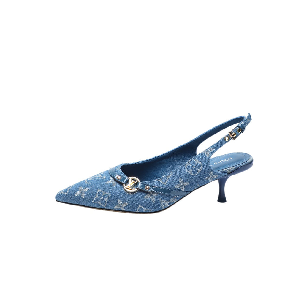 LOUIS VUITTON 6AM SLINGBACK HIGH HEELS 55 MM IN CLASSIC BLUE MONOGRAM DENIM