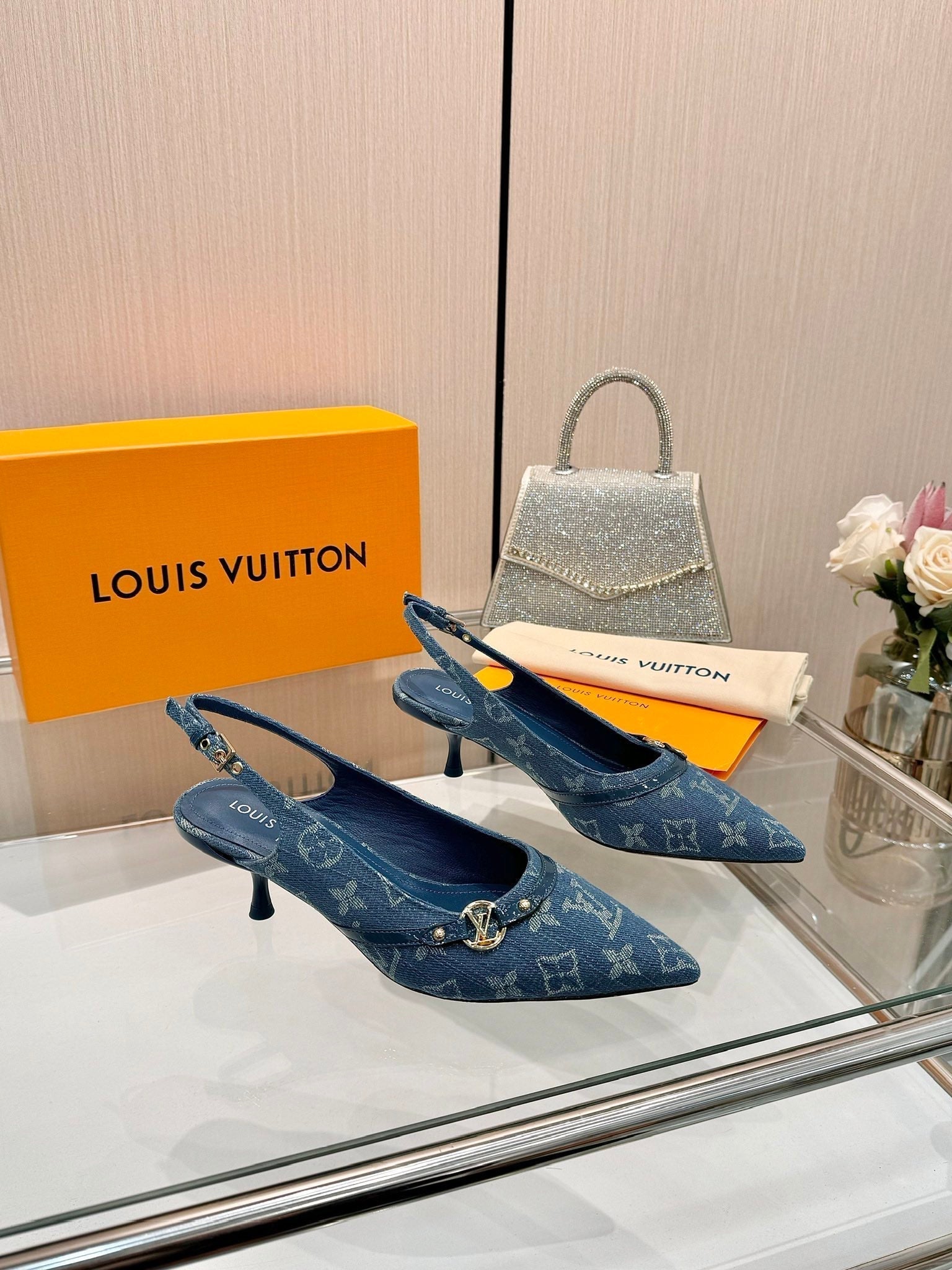LOUIS VUITTON 6AM SLINGBACK HIGH HEELS 55 MM IN CLASSIC BLUE MONOGRAM DENIM