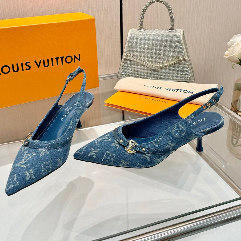 LOUIS VUITTON 6AM SLINGBACK HIGH HEELS 55 MM IN CLASSIC BLUE MONOGRAM DENIM