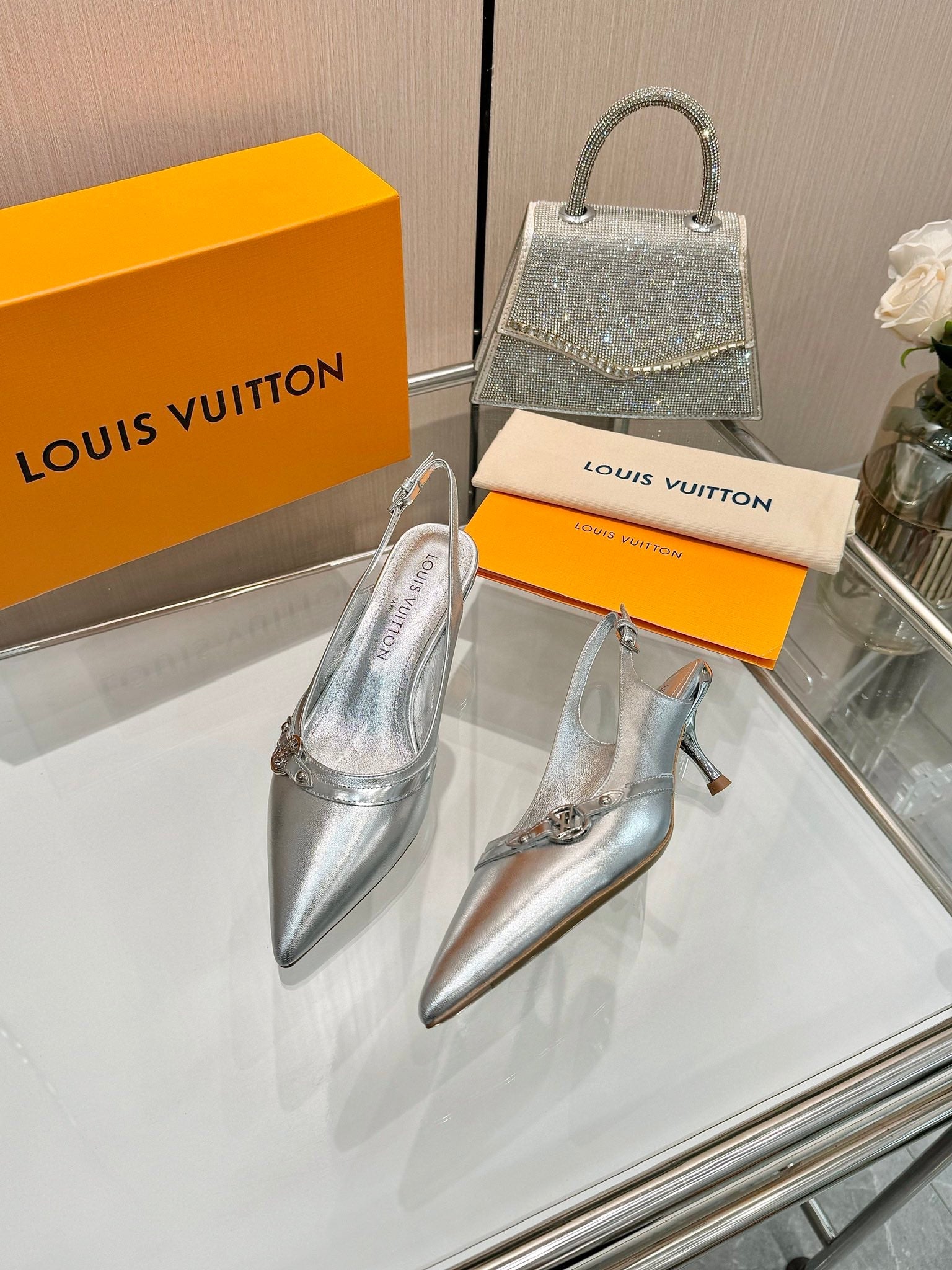 LOUIS VUITTON 6AM SLINGBACK HIGH HEELS 55 MM IN SILVER LAMBSKIN