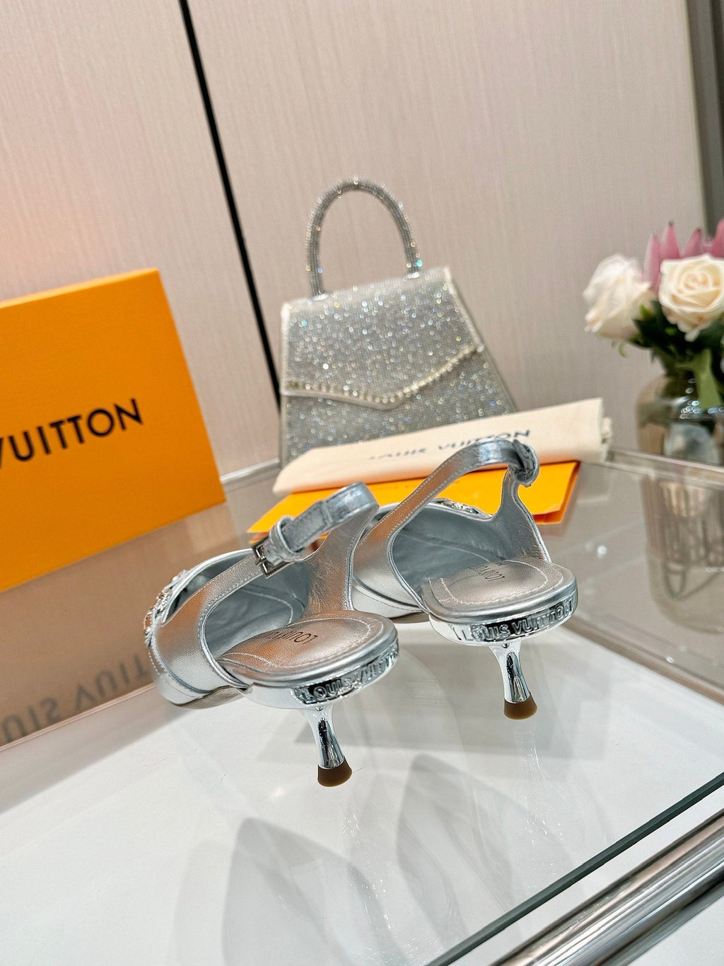 LOUIS VUITTON 6AM SLINGBACK HIGH HEELS 55 MM IN SILVER LAMBSKIN