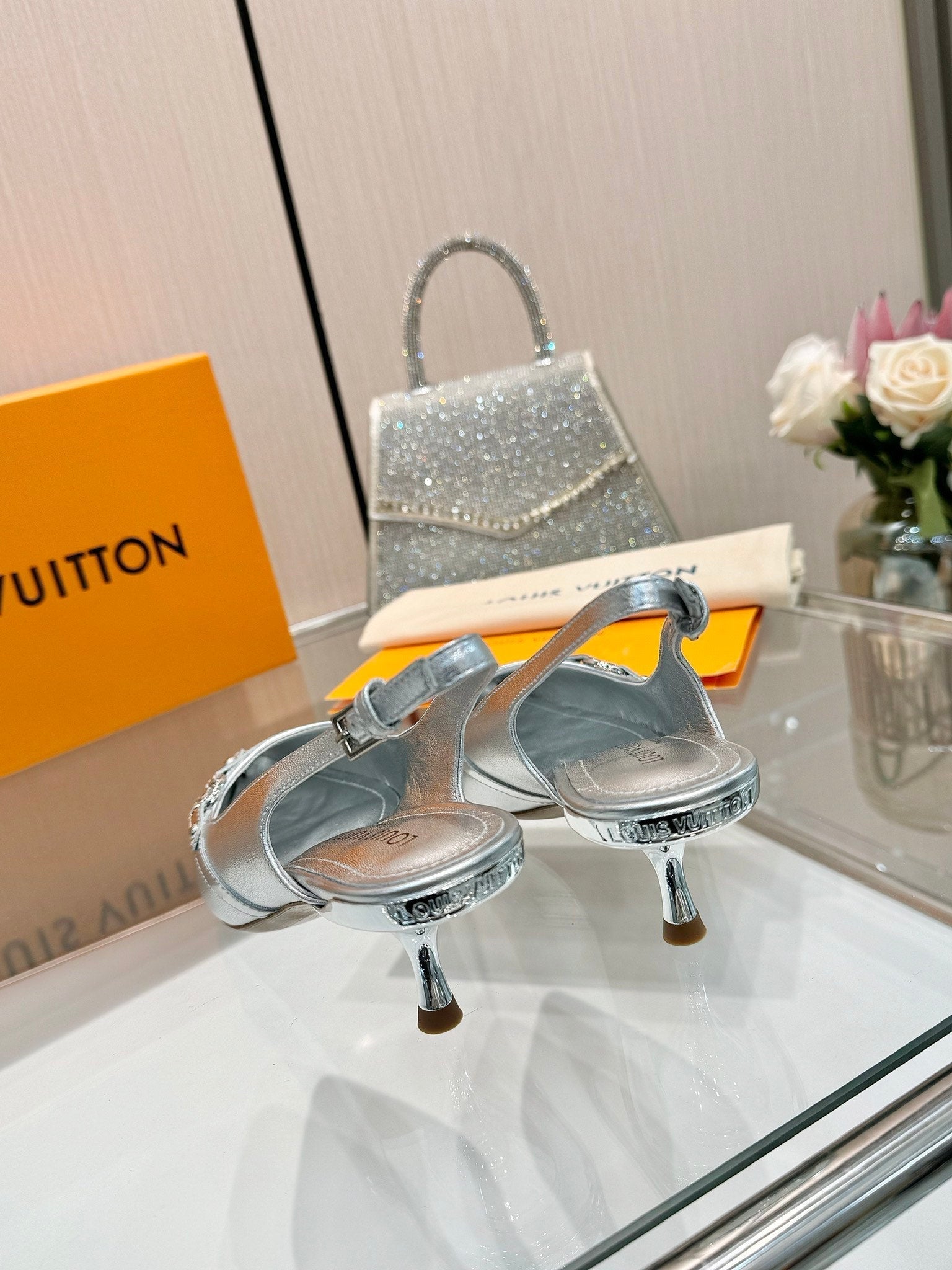 LOUIS VUITTON 6AM SLINGBACK HIGH HEELS 55 MM IN SILVER LAMBSKIN