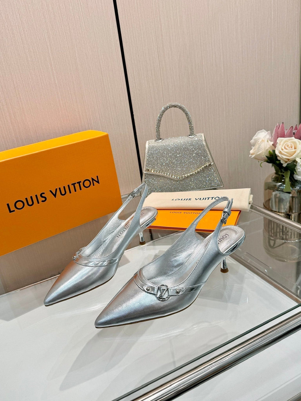 LOUIS VUITTON 6AM SLINGBACK HIGH HEELS 55 MM IN SILVER LAMBSKIN